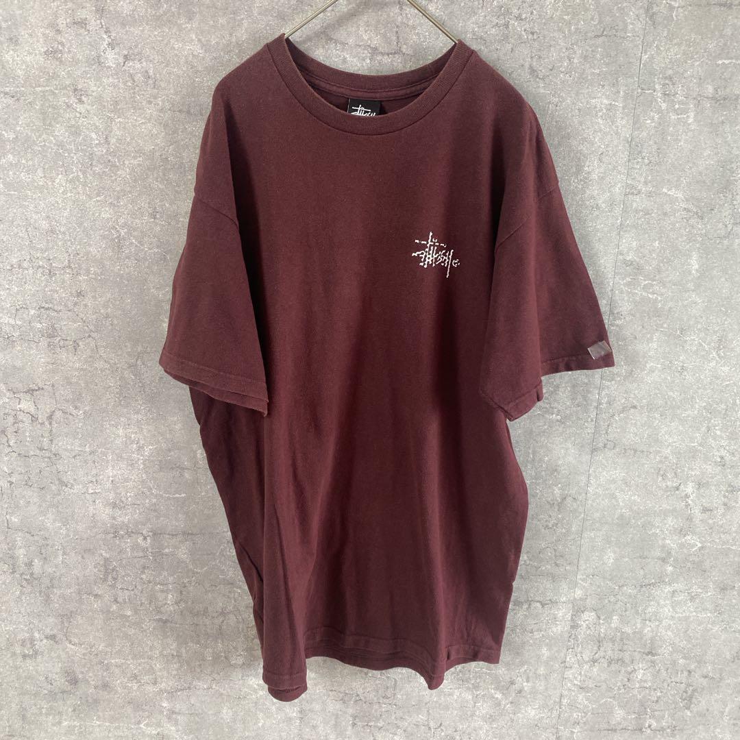 STUSSY バーガンディオーバーサイズ Tシャツメンズ　Mサイズバックプリント