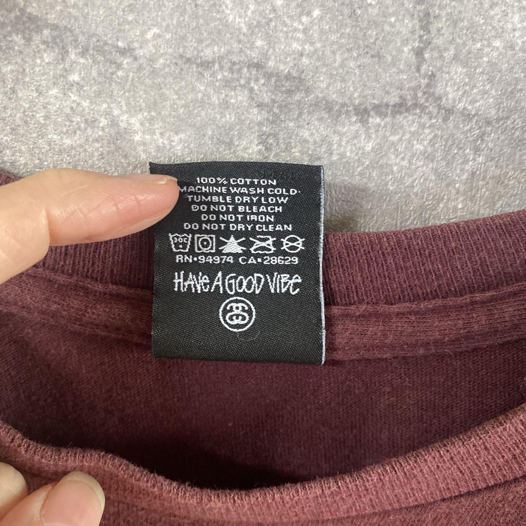 STUSSY バーガンディオーバーサイズ Tシャツメンズ　Mサイズバックプリント