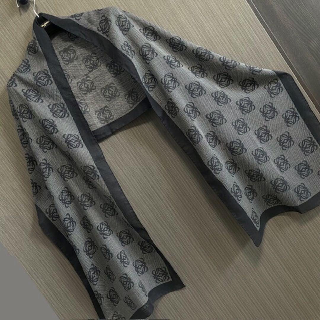 LOEWE・ロエベ・ストール・ショール・モノグラム・シルクウール・紺/グレー美品