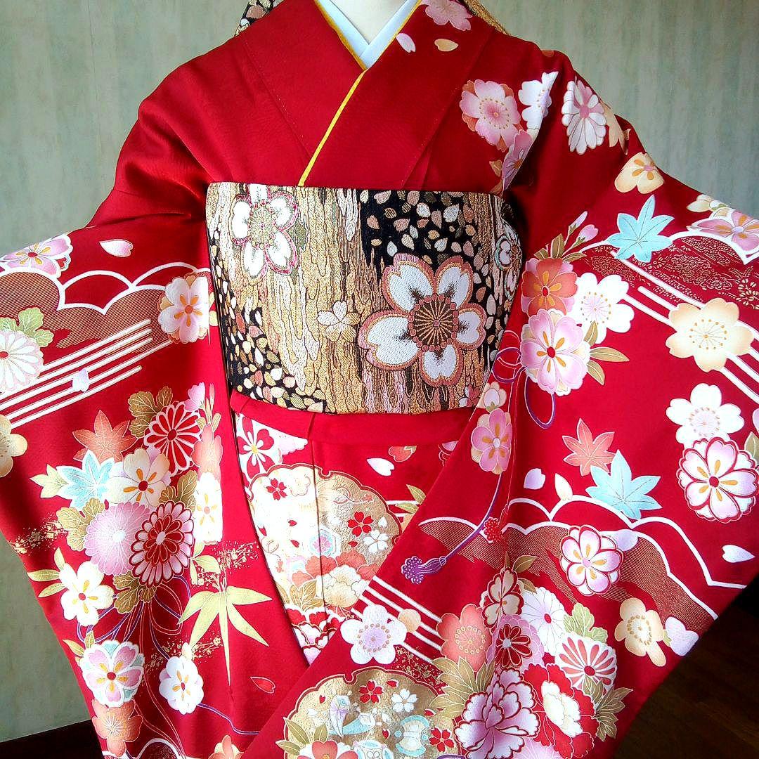 5138 振袖.帯2点セット 帯新品　赤正絹　古典柄 成人式結婚式卒業式