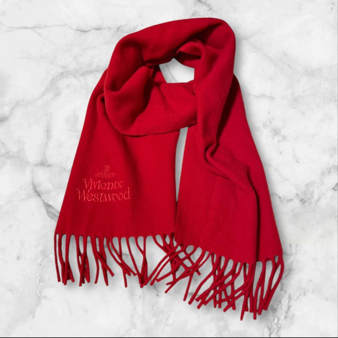 Vivienne Westwood マフラー 赤 ウール100% 刺繍ロゴ
