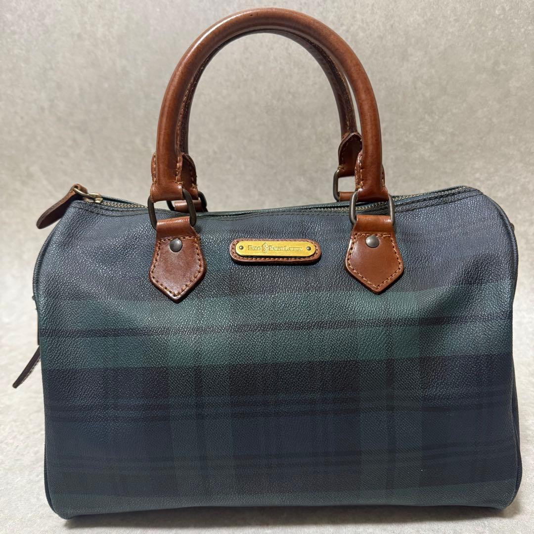 【ポロラルフローレン】美品　ミニボストンバッグ　レザー　チェック柄　グリーン