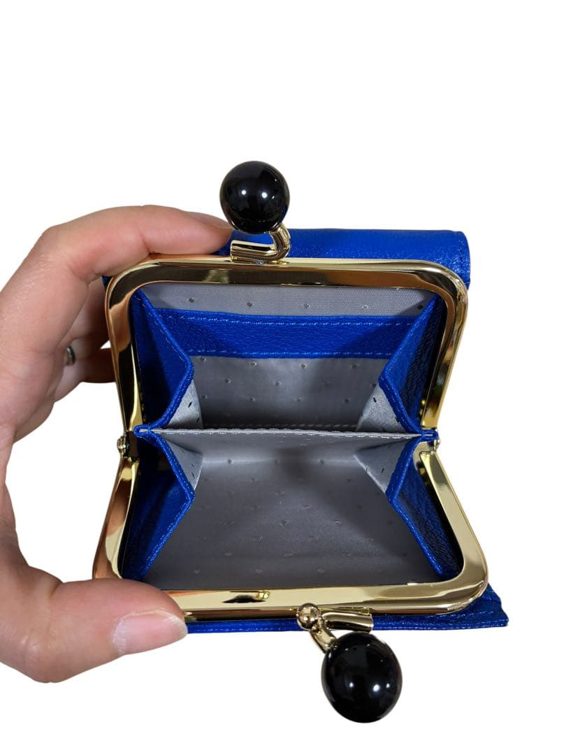 新品⭐️perche ペルケ アクリル玉 三つ折り財布 本革 ブルードット がま口