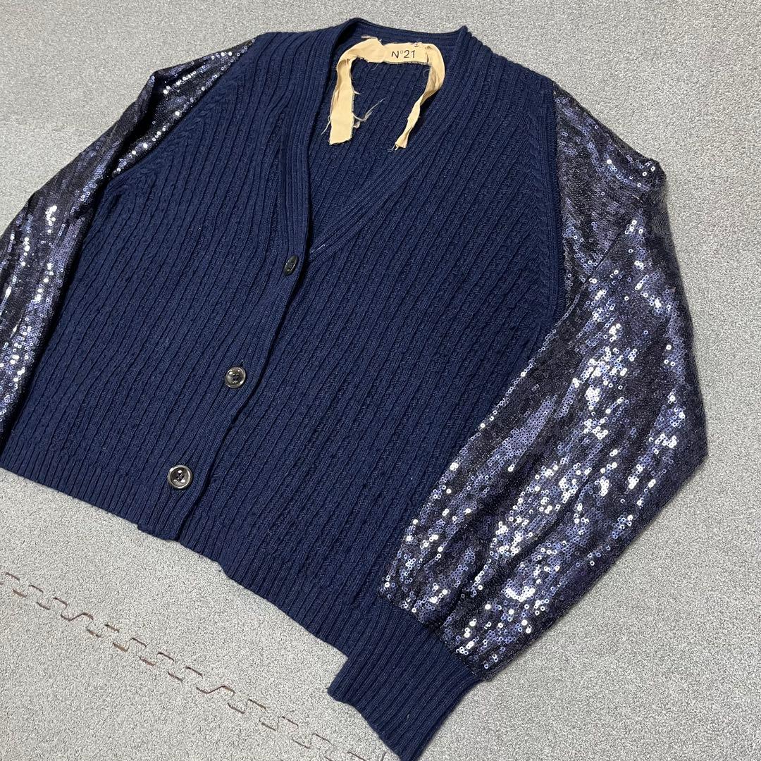 570 N°21 Sequin Sleeve Cardigan Navy S