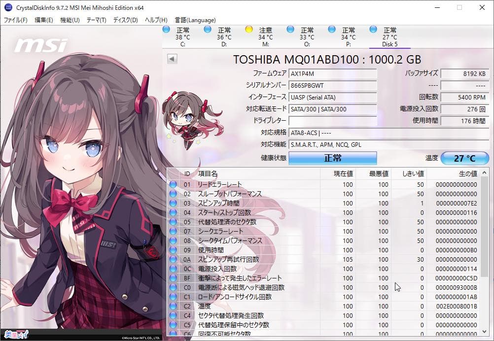 使用時間短め4枚セット TOSHIBA 2.5インチHDD 1TB 厚さ9mm