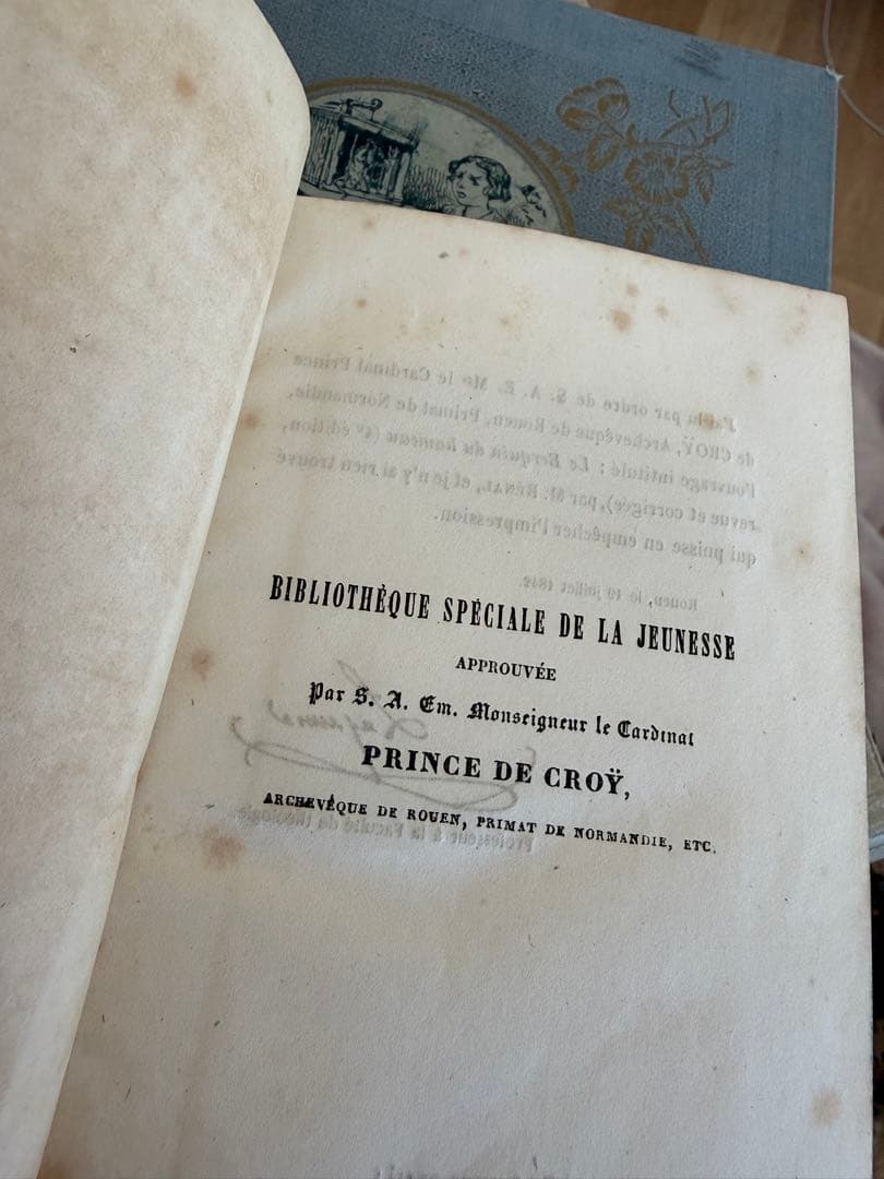 フランスアンティーク古書ロマンティック本女性と薔薇の金箔押しネイビーの洋書