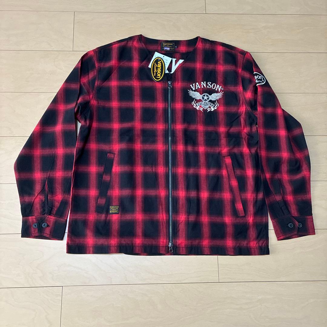 新品 VANSON ノーカラー フルジップジャケット XL 黒X赤 ブロック