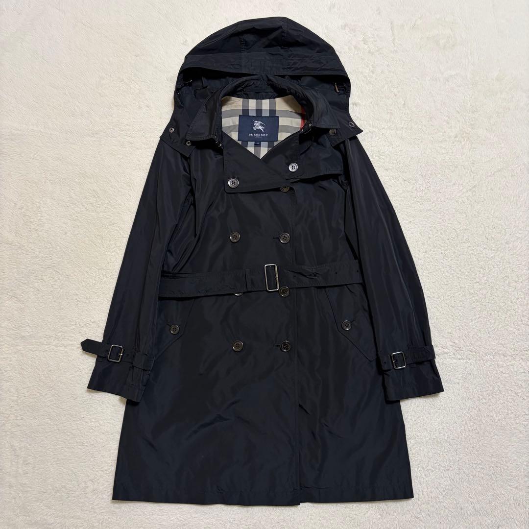 美品 バーバリー フーデット トレンチコート ポリエステル ブラック サイズ L