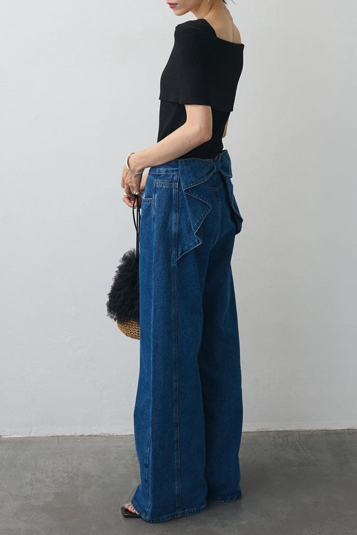 【極美品】Frene バックリボンデザインデニムパンツ　ブルー　M