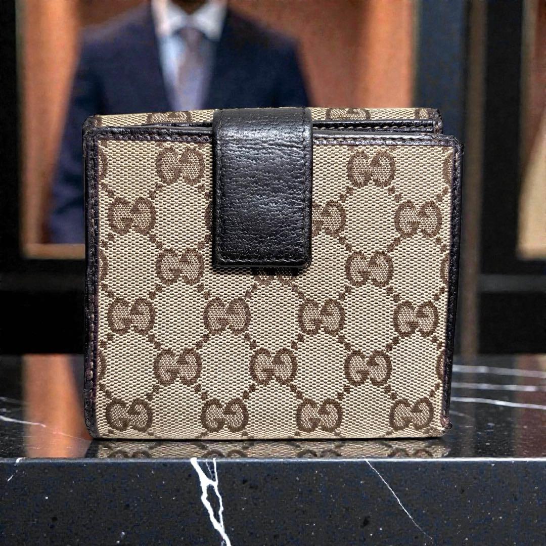 良品 GUCCIグッチ GGキャンバスWホック 折り財布 シェリーリボン　箱付