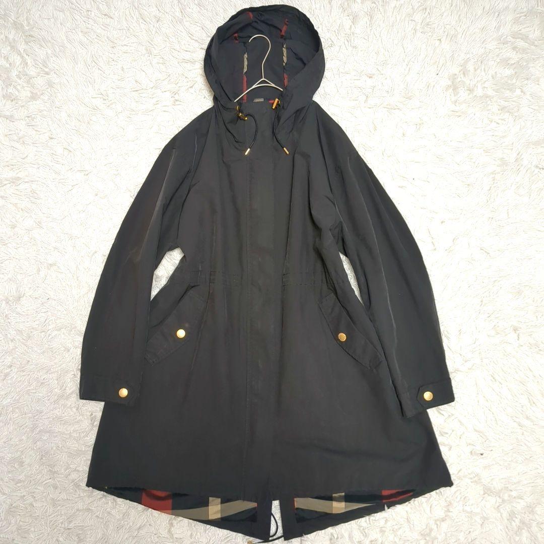 【美品】ブルーレーベルクレストブリッジ☆黒　金釦　フードコート　ハウスチェック