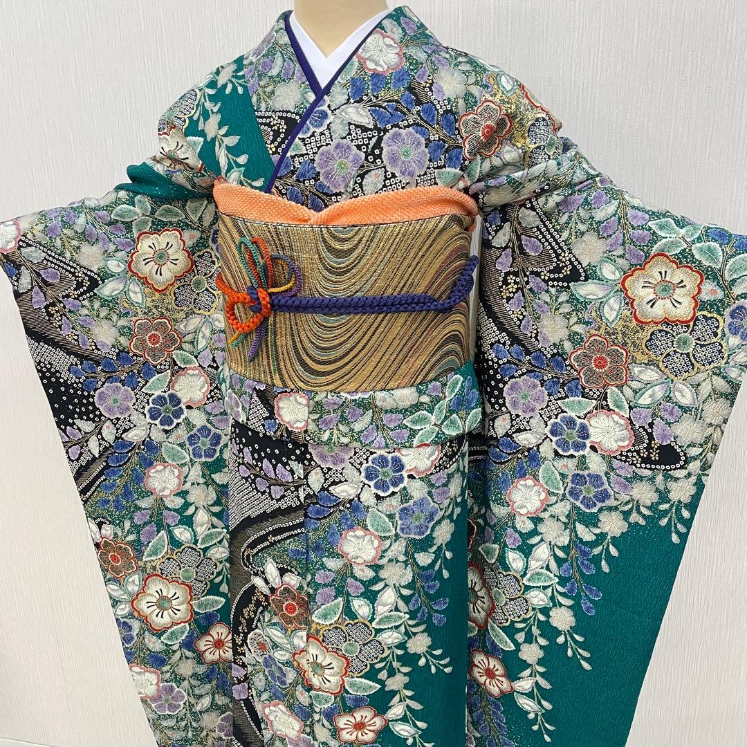 梅乃【185】正絹　振袖　セット　前撮り　成人式　撮影　青緑　大人　辻ヶ花　緑