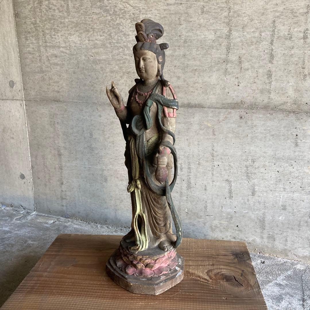 古い仏像 観音菩薩 立像 木製 木彫り 彫刻 置物 古美術 骨董品 レトロ