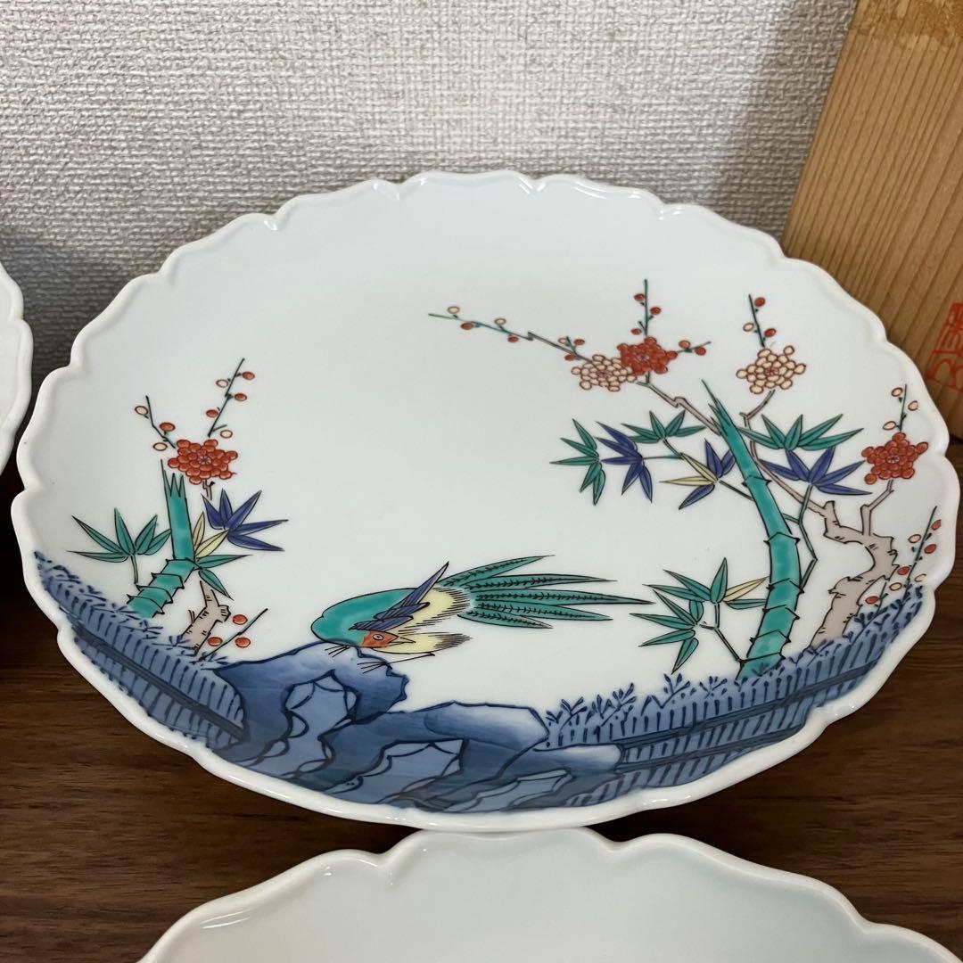 伊万里　輪花　七寸皿　赤絵松竹梅図　鍋島　柿右衛門様式　峯山作　櫛高台　5枚