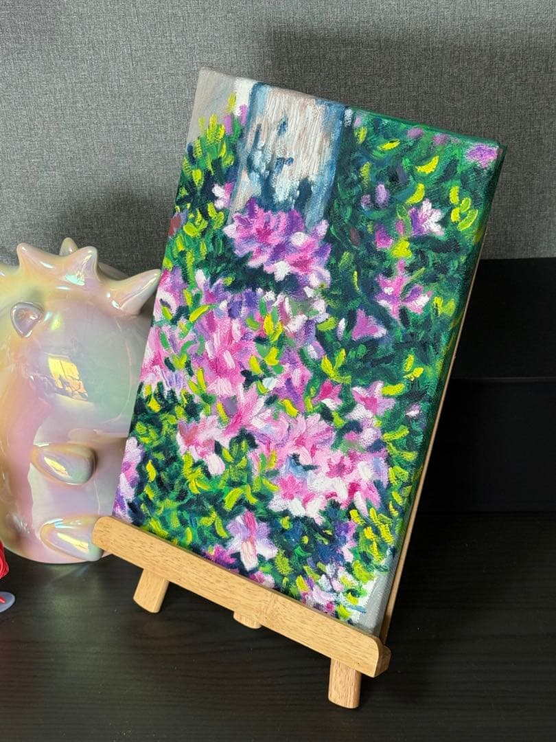 「陽光とツツジ」　手描き　油絵　風景画　原画　油彩画　印象派　花