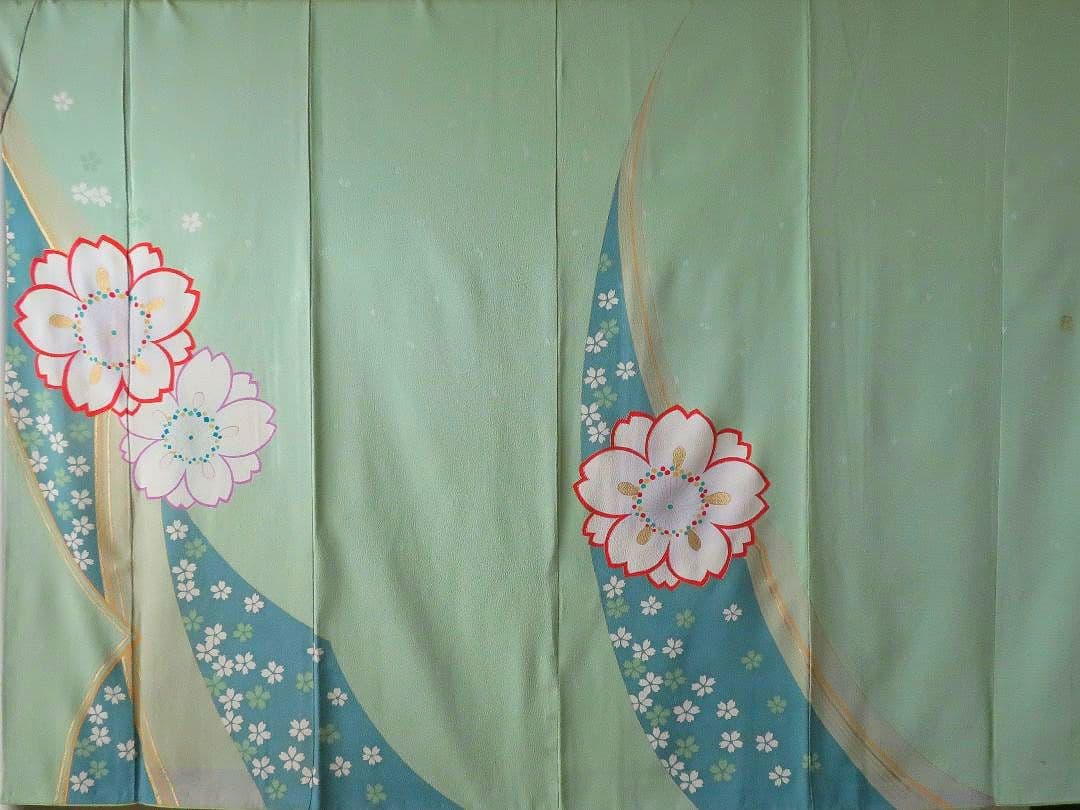 5191 振袖単品　桂由美 正絹 黃緑若草色 成人式結婚式卒業式　桜 ちりめん