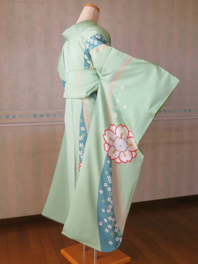 5191 振袖単品　桂由美 正絹 黃緑若草色 成人式結婚式卒業式　桜 ちりめん