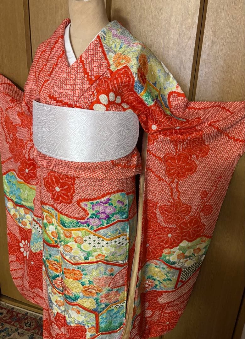 総絞り振袖ビタミンカラーオレンジ トールサイズ174 長襦袢2点セット レトロ