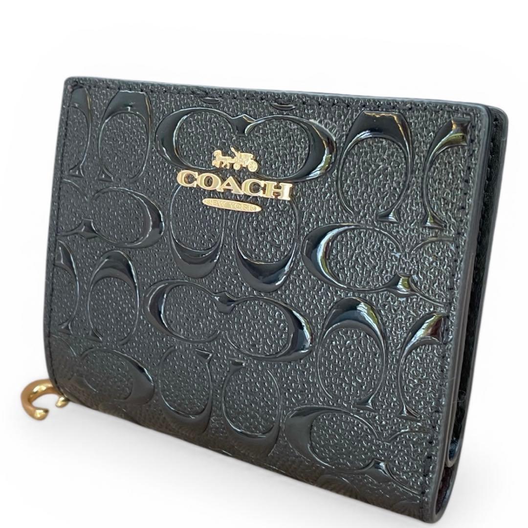 【極美品】COACH コーチ 二つ折り 財布 エンボス シグネチャー 黒
