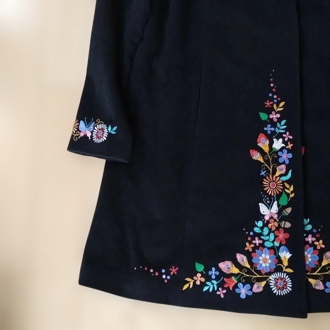 【mash mania】ブラック 花柄・蝶刺繍 ロングコート/ウール混/M