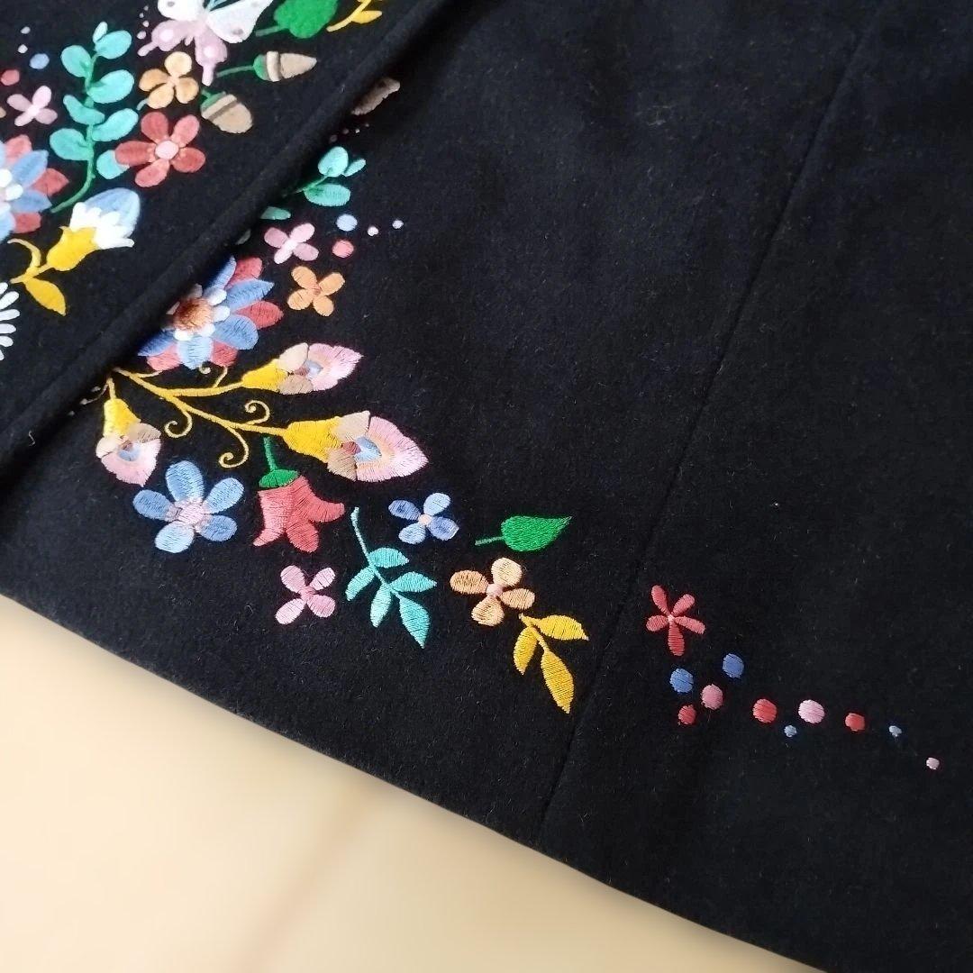 【mash mania】ブラック 花柄・蝶刺繍 ロングコート/ウール混/M