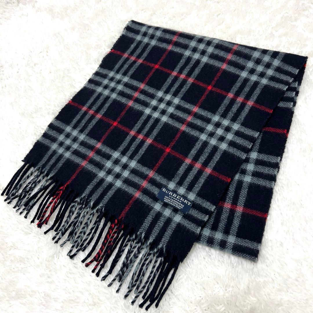 BURBERRY LONDON カシミヤ100% マフラー　イギリス製　紺