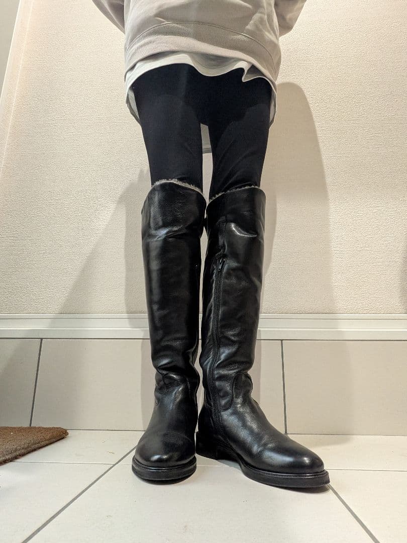 ☆ルカグロッシ☆ファー付きレザー ロングブーツ ブラック