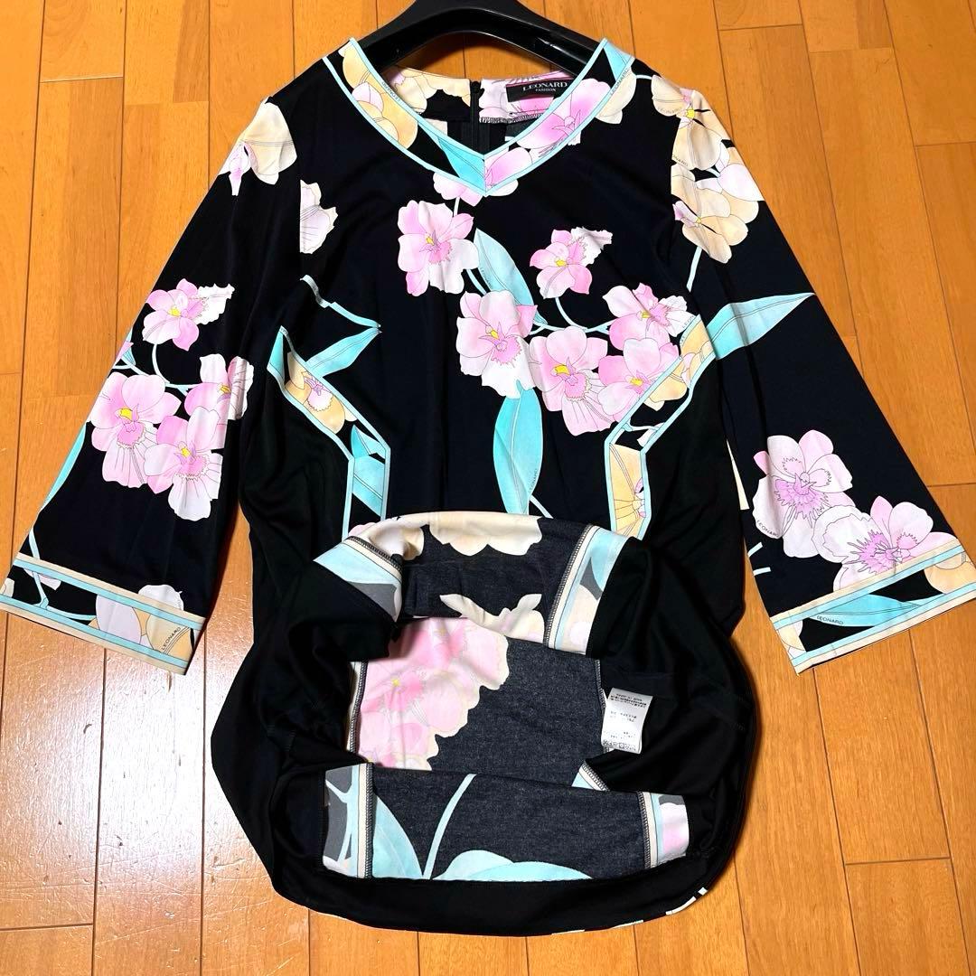 【近年タグ 美品】レオナール カンカン素材 花柄ワンピース 38