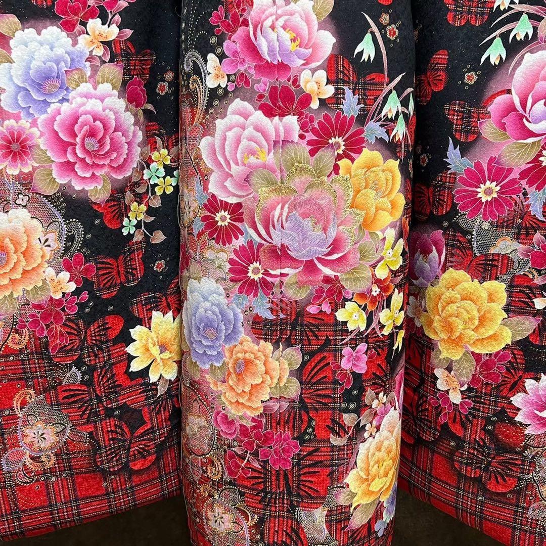 新品　オーダー仕立て　8点セット　正絹　振袖セット 黒　赤チェック　花柄　成人式