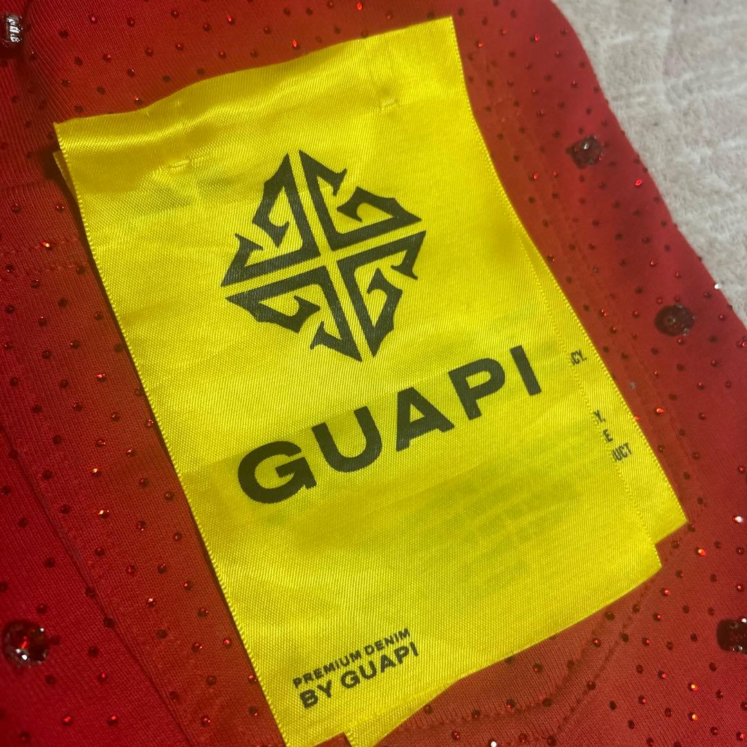 GUAPI ビジュー付きレッドフレアパンツ