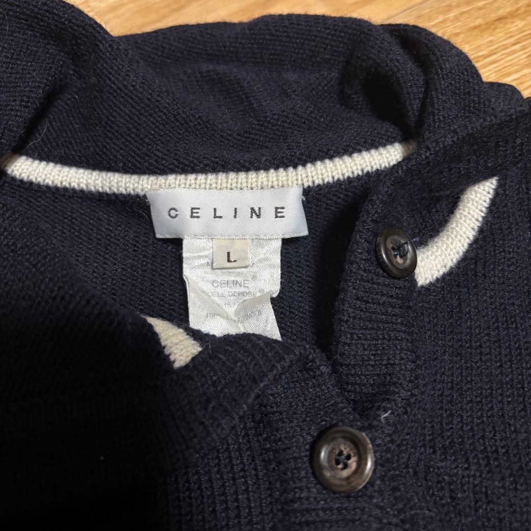 CELINE ネイビー ストライプ 長袖ポロシャツ L