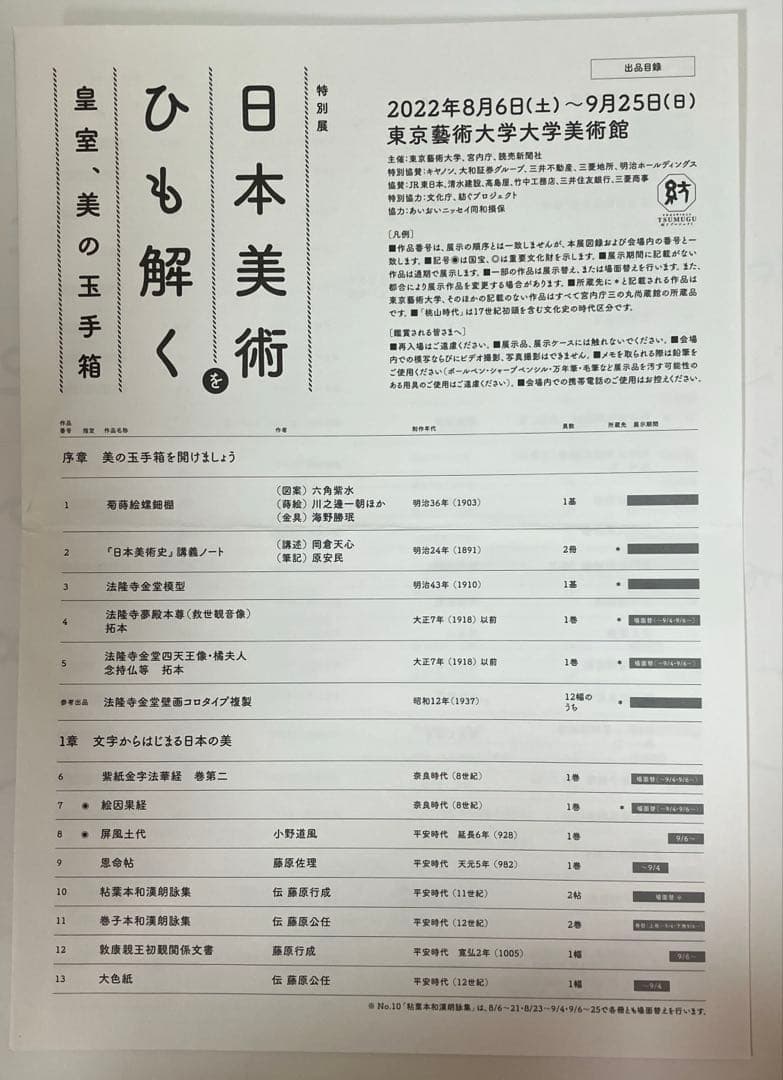 日本美術をひも解く。 皇室、美の玉手箱 【展示図録】 美品