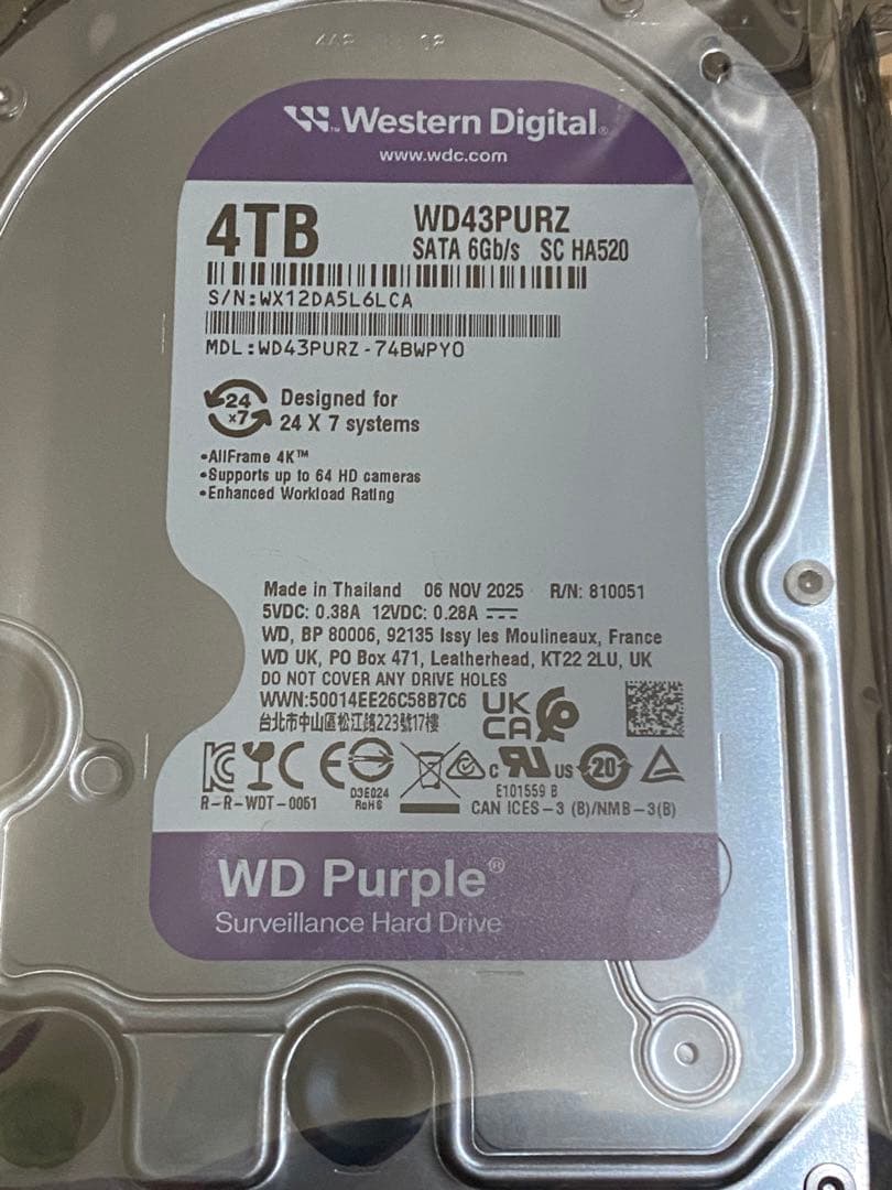WD Purple 4TB WD43PURZ 監視用ハードドライブ