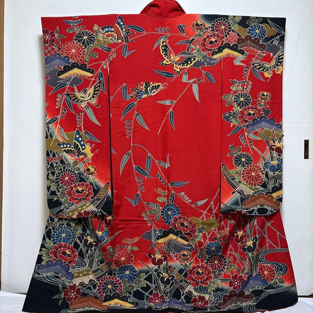 振袖 京紅型染め【宮崎良次】宮崎紅型 正絹 花蝶 赤色 袷着物 成人式