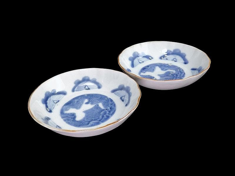 古伊万里　染付　松に東塔　蝶の図　膾皿　２客　C882-CYq