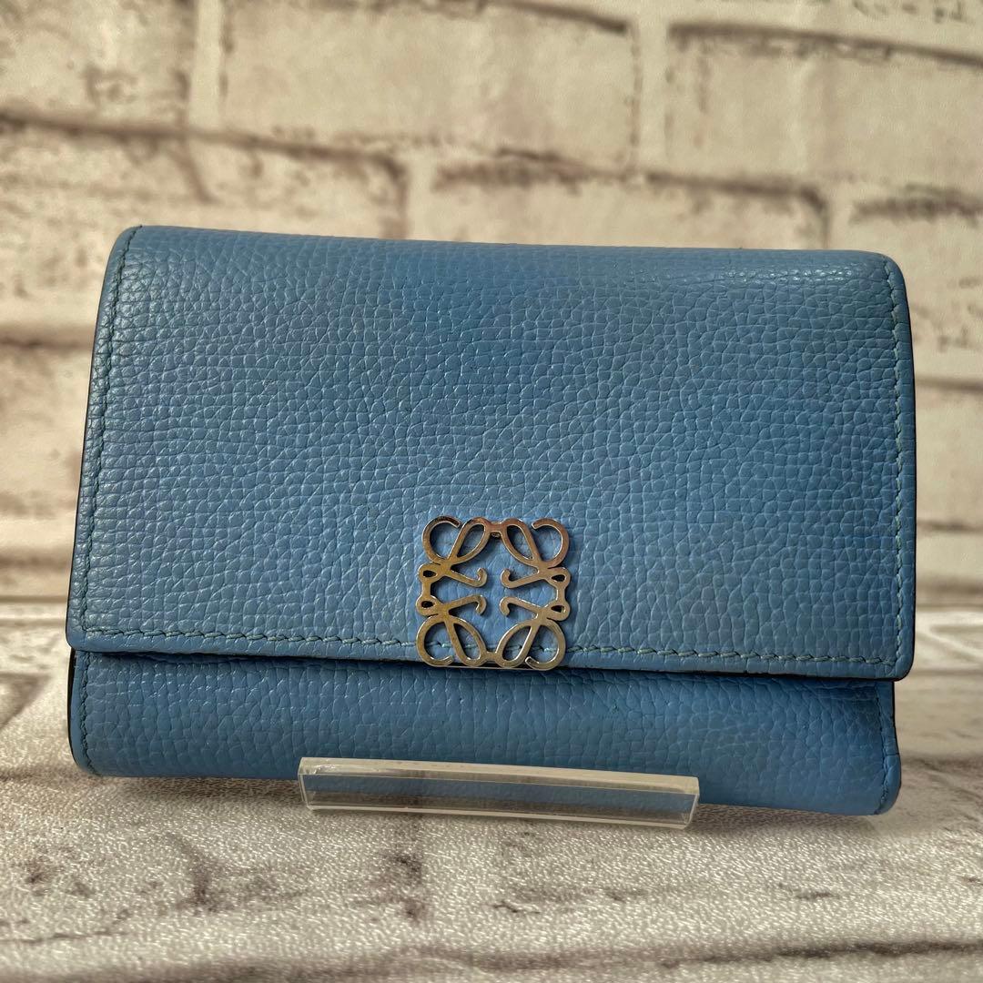 美品✨ロエベ　三つ折り財布　トライフォールド　アナグラム　シルバー金具　水色