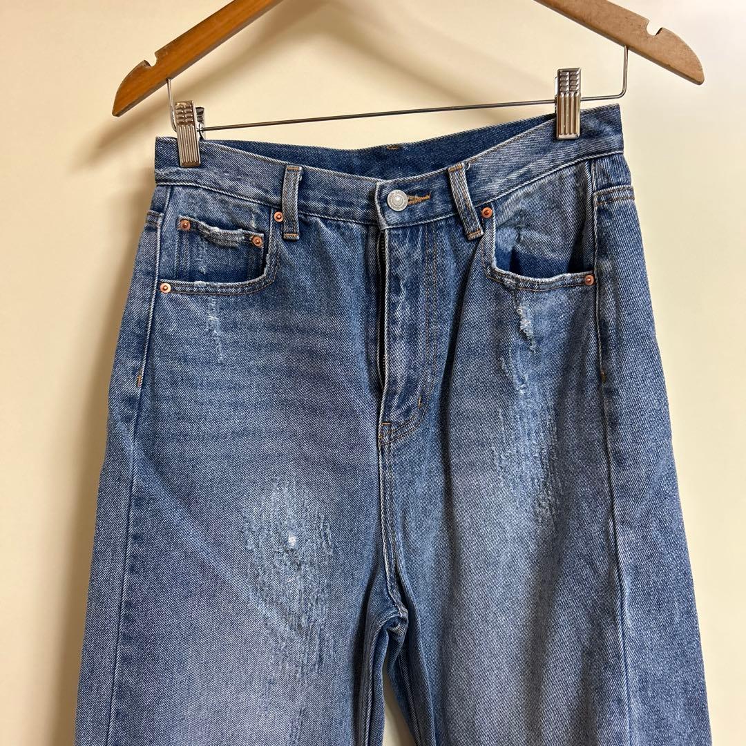 【YENNイエン】ハイダメージ加工ワイドレッグデニム　ライトブルー