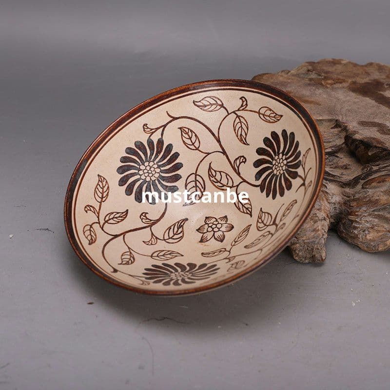 宋吉州窯色絵花紋笠椀 景徳鎮 陶磁器 装飾品 現代工芸品 美術品 置物