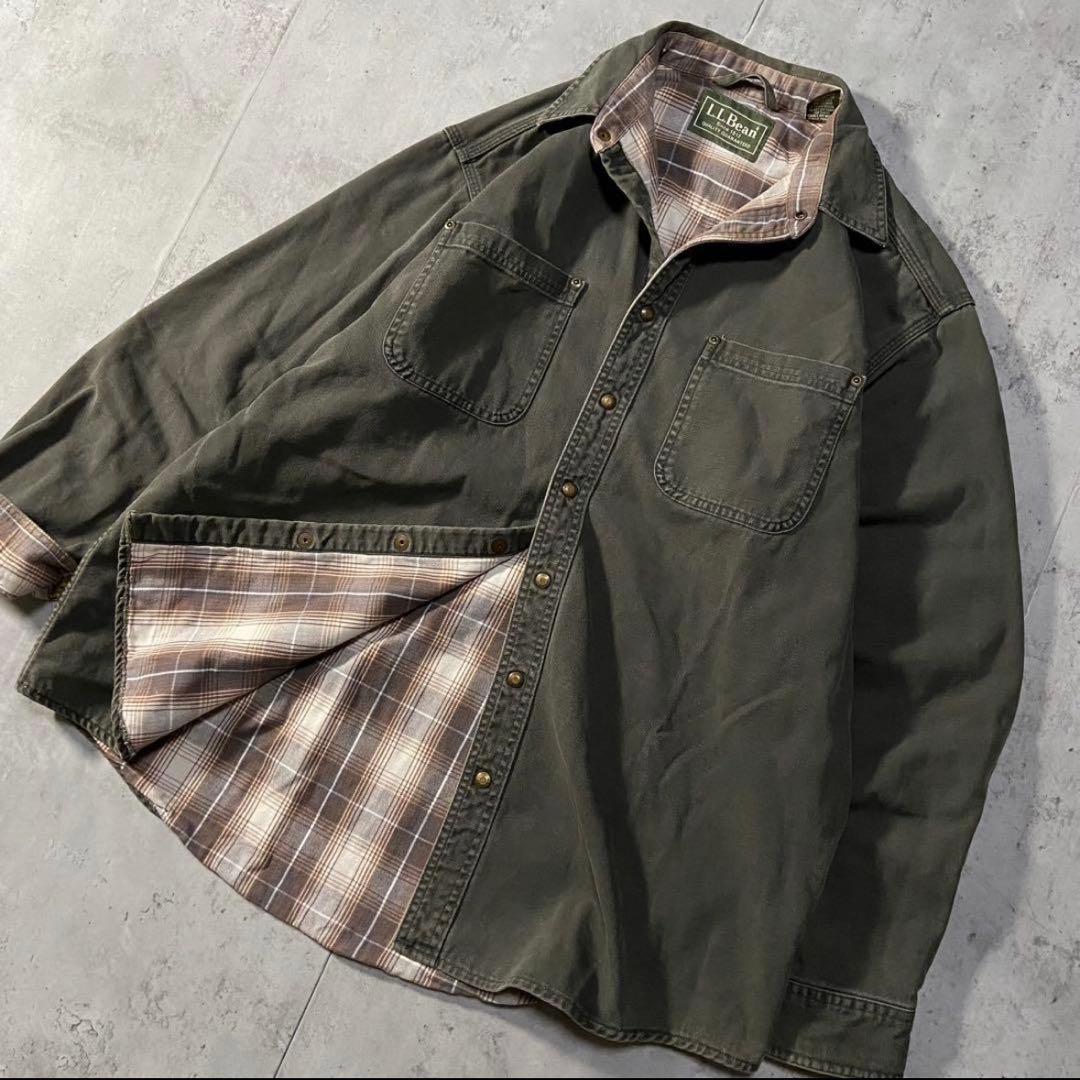 美品　L.L.Bean カーキ　シャツ チェック裏地付き　コットン　ロング丈