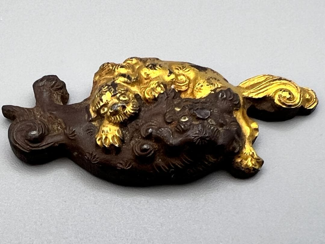 かえる　江戸明治期　獅子形　獅子2頭　手彫　金具　銅製鍍金　骨董品