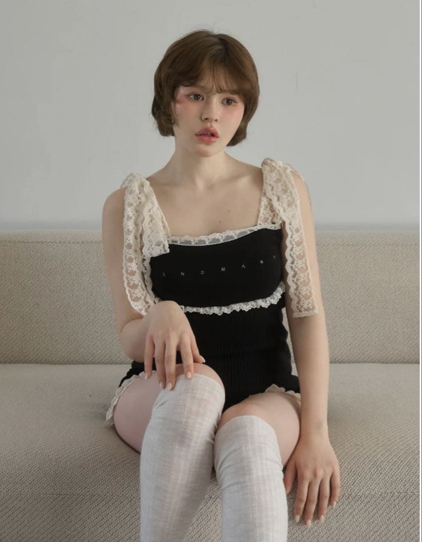 トップス andmary Lil lace knit tops black