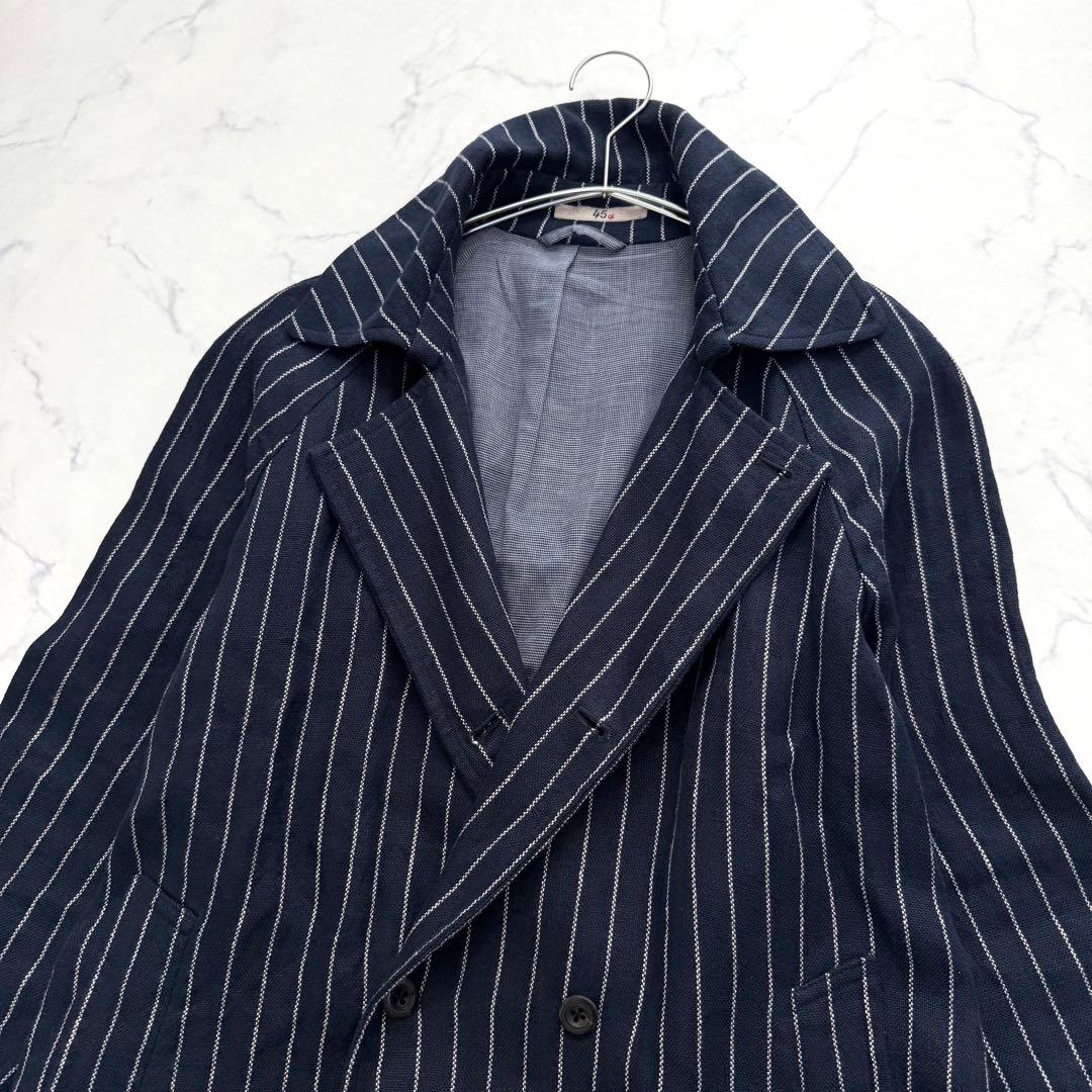 美品✨45R✨定価９万✨リネンストライプロングコート　ネイビー　Lサイズ　麻