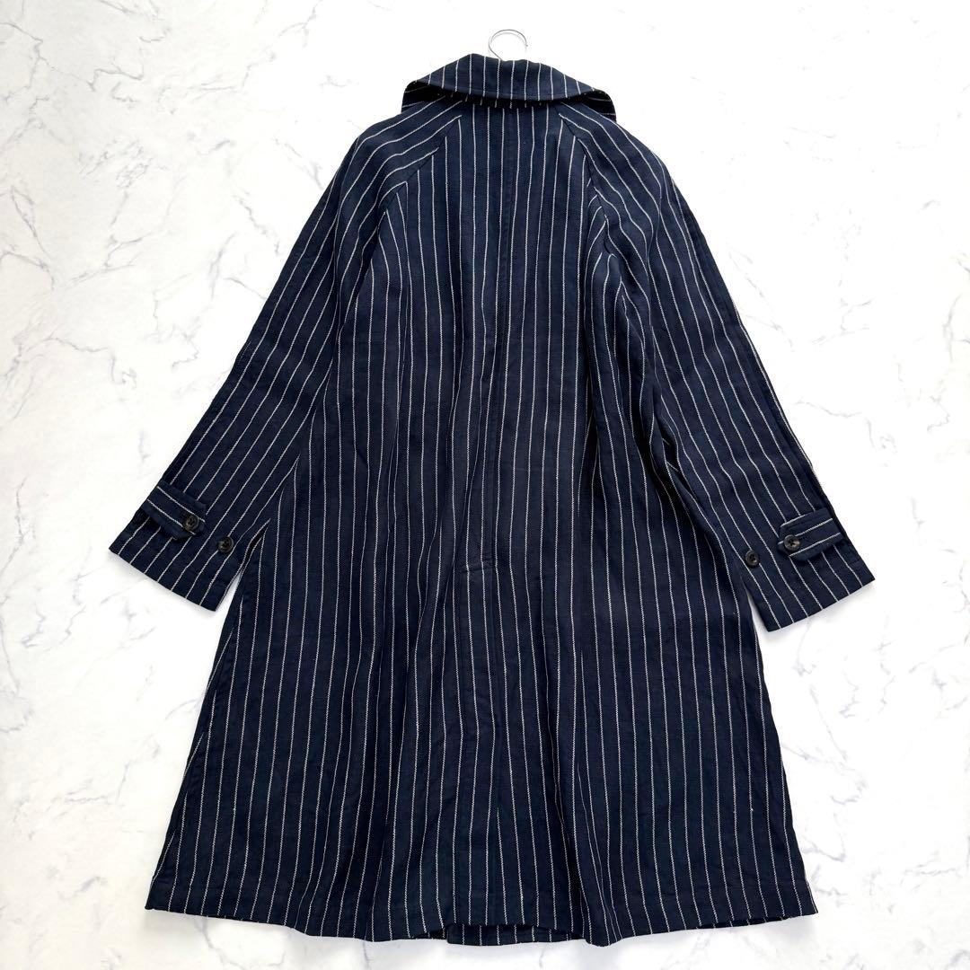 美品✨45R✨定価９万✨リネンストライプロングコート　ネイビー　Lサイズ　麻