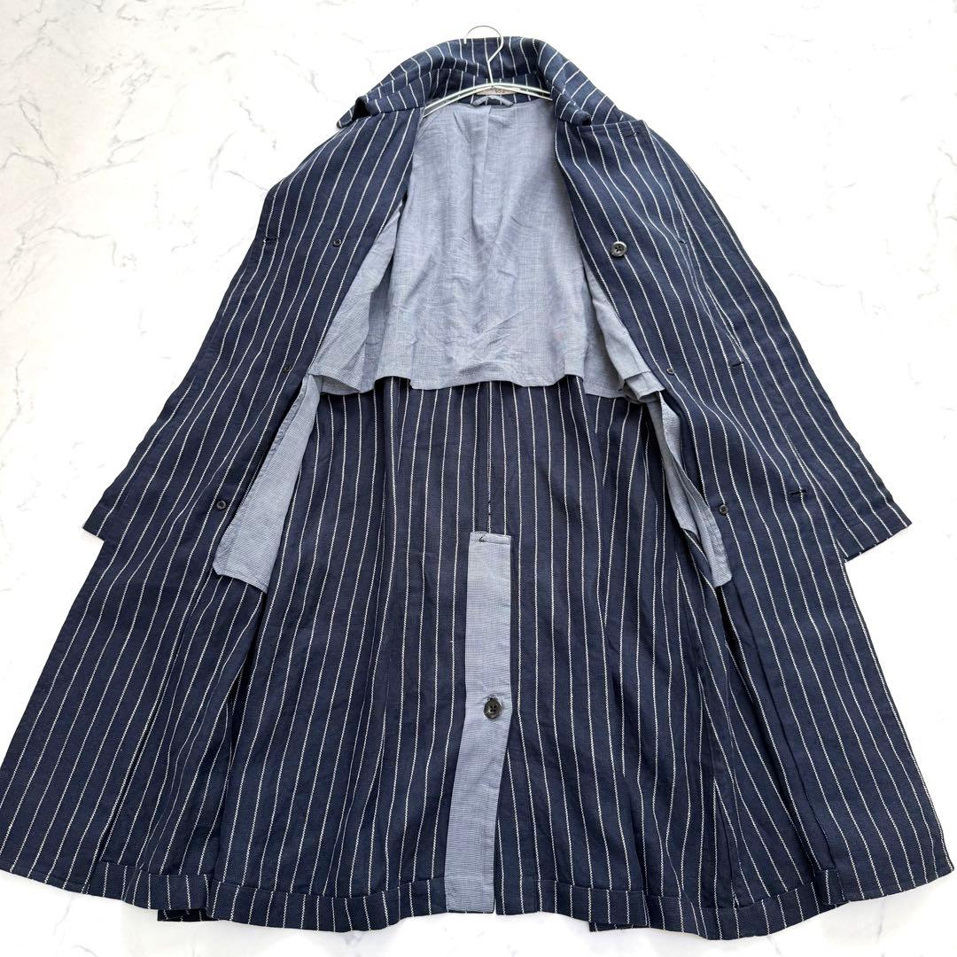 美品✨45R✨定価９万✨リネンストライプロングコート　ネイビー　Lサイズ　麻