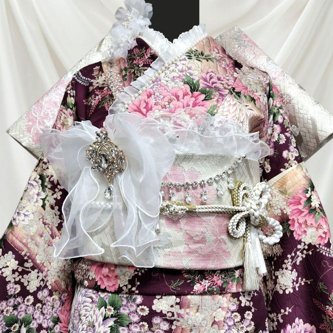 振袖フルセット(9点)・成人式・くすみ・紫・ピンク・金彩加工・胴裏正絹・逸品