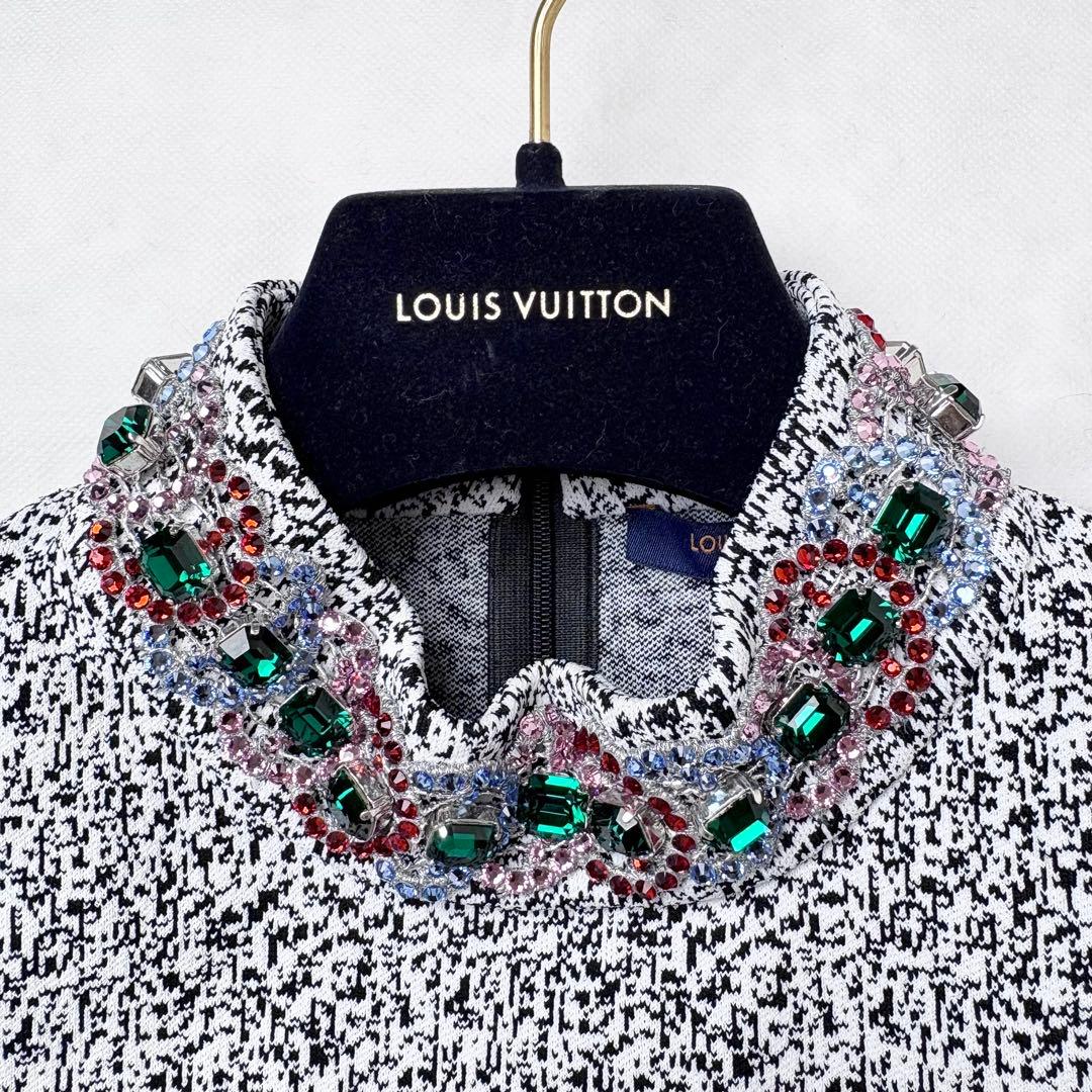 LOUIS VUITTON 総柄ワンピース ビジュー装飾 ひざ丈 ハイネック