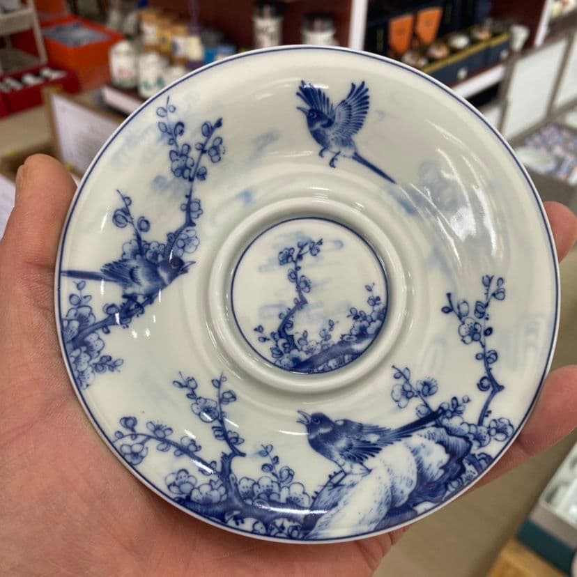 中国茶器 景徳鎮 陶磁器 青花喜上眉梢三才蓋碗 茶碗 煎茶器 新品未使用