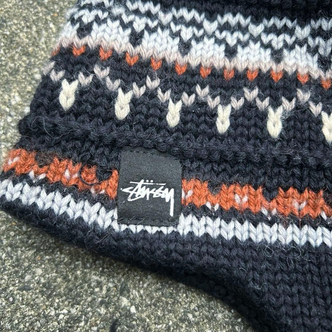 old stussy ニット帽 ボンボン耳付き　　スノーボード　ブラック
