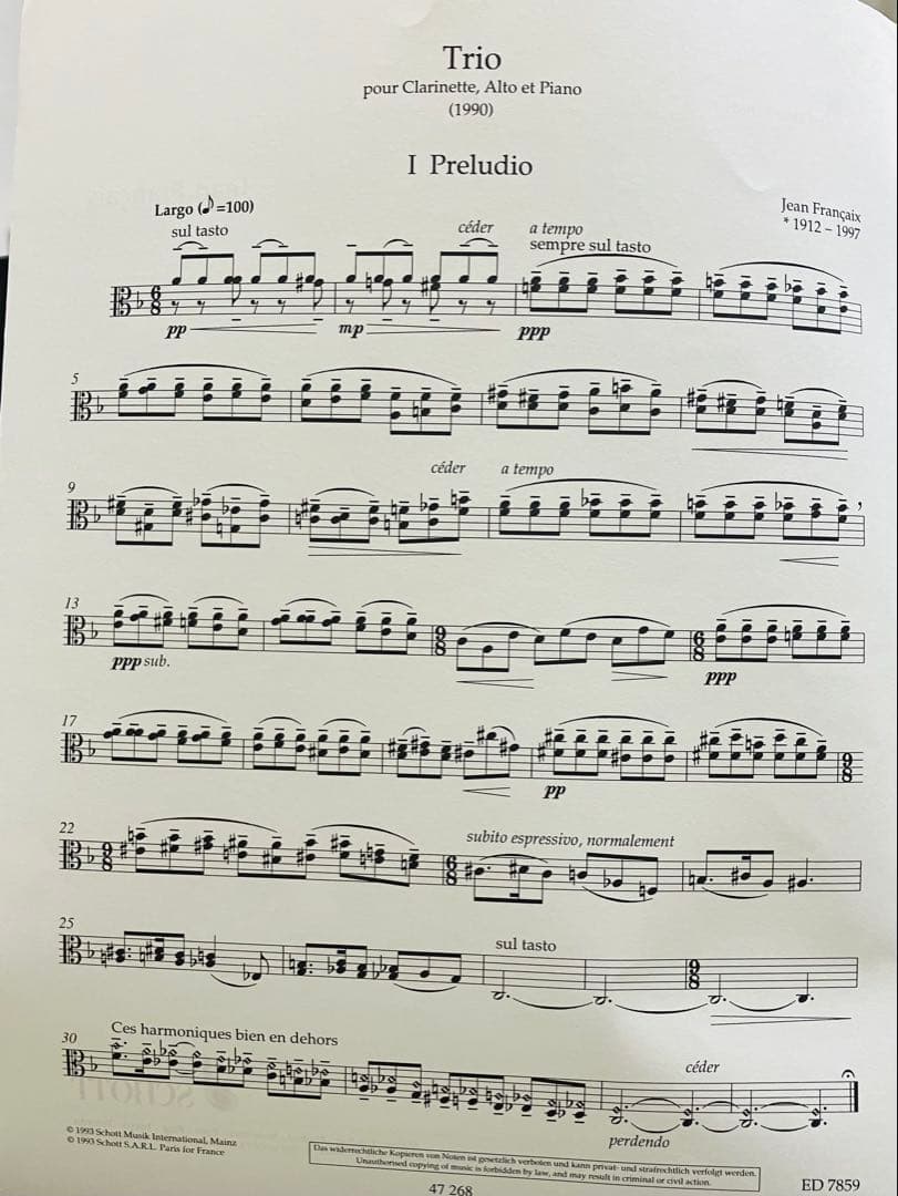 J.フランセ 三重奏曲：クラリネット、ヴィオラ、ピアノのための Francaix