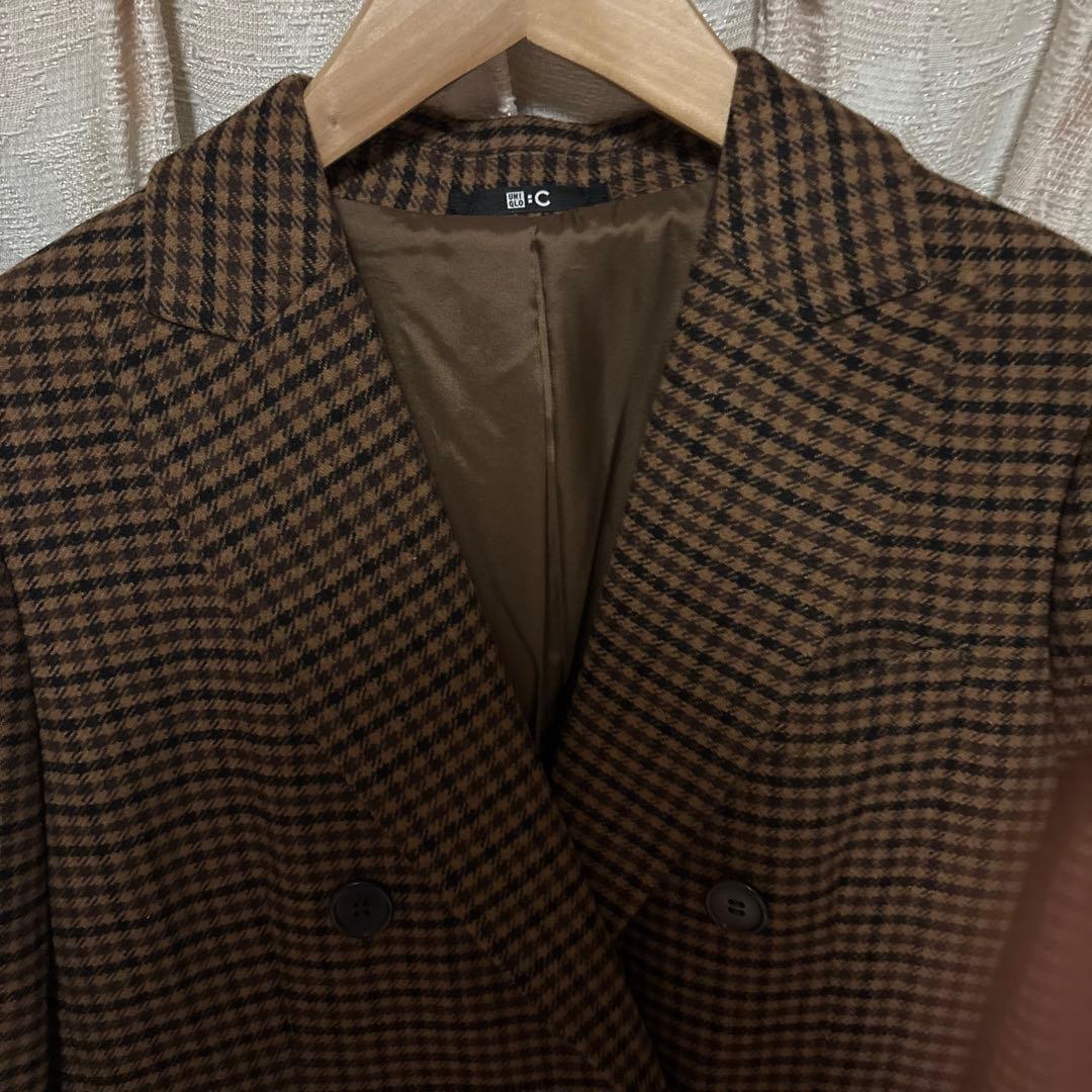 2月割引中UNIQLO Cブラウンチェック ダブルブレスト ロングコート Ｍ